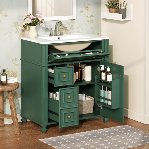 Bathroom Vanity with Ceramic Sink Basin, Cabinet with Soft-Close Doors and Organizer