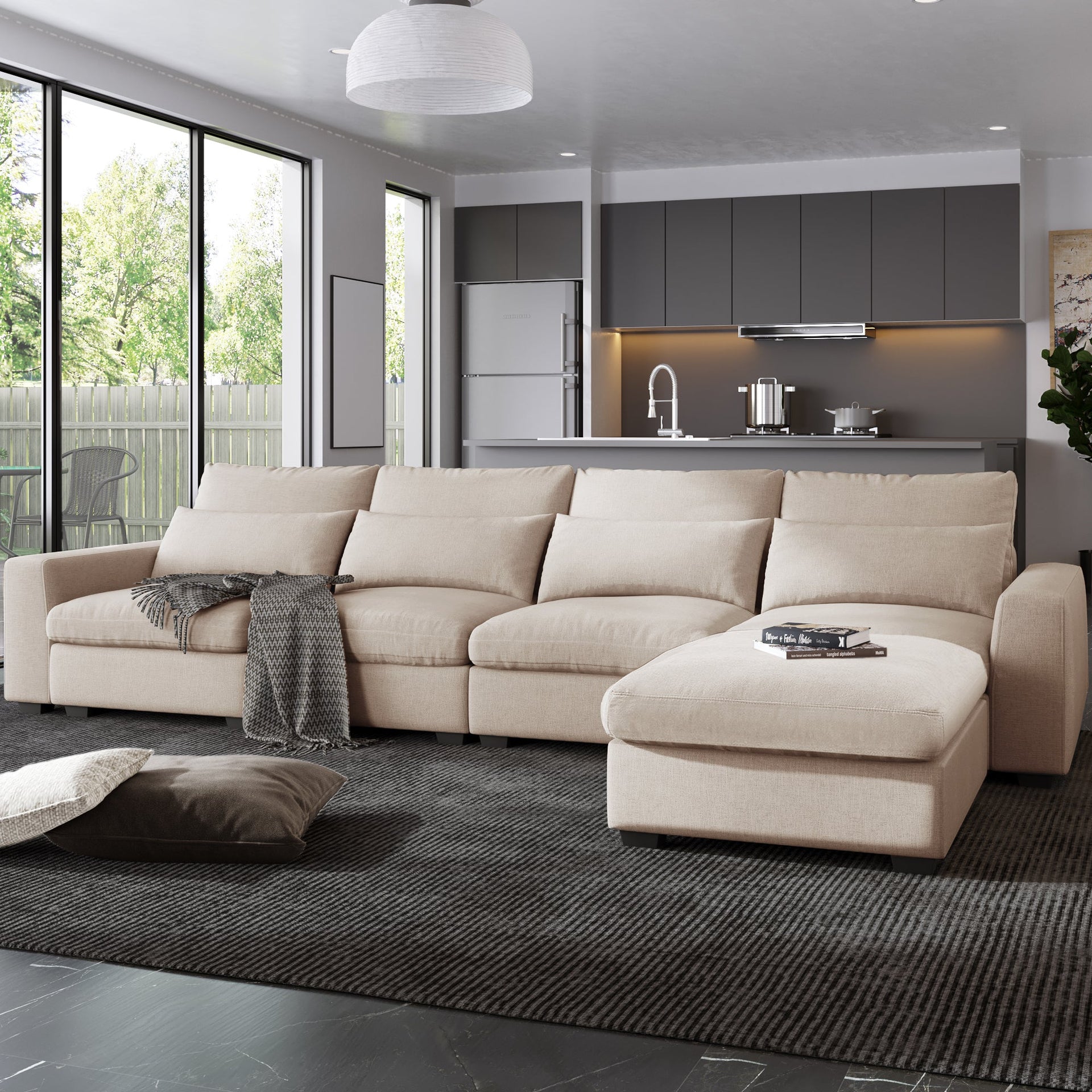 Modern Large L-Shape Feather Filled Sectional Sofa,  Convertible Sofa Couch with Reversible Chaise for Living Room