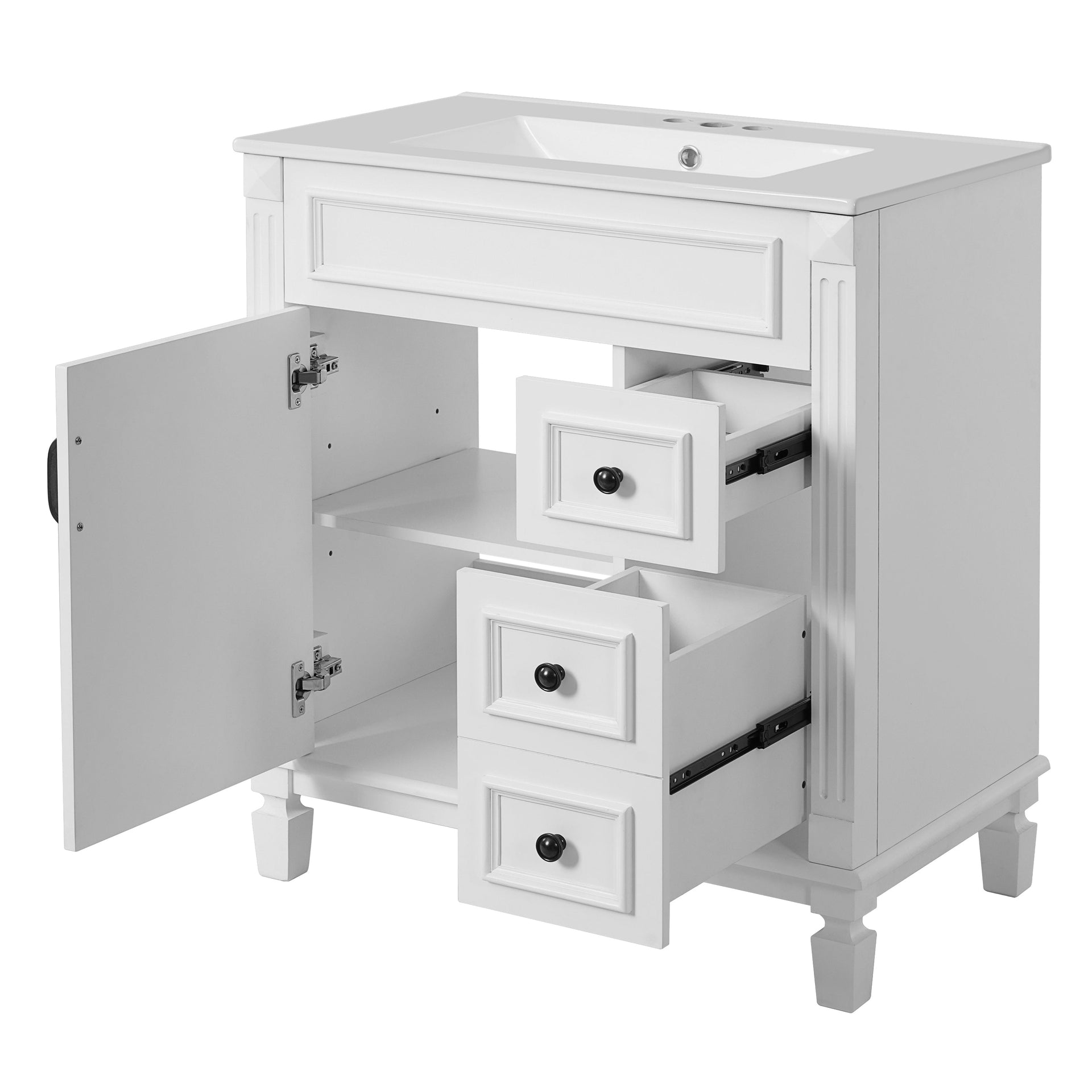 Bathroom Vanity with Ceramic Sink, Modern Cabinet with 2 Drawers & Shelf