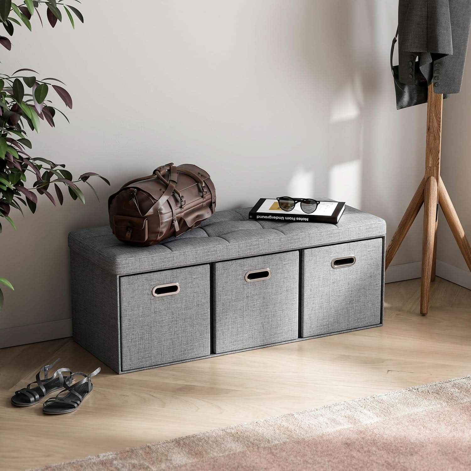Oversized Forty Inch Gray Storage Ottoman With Drawers