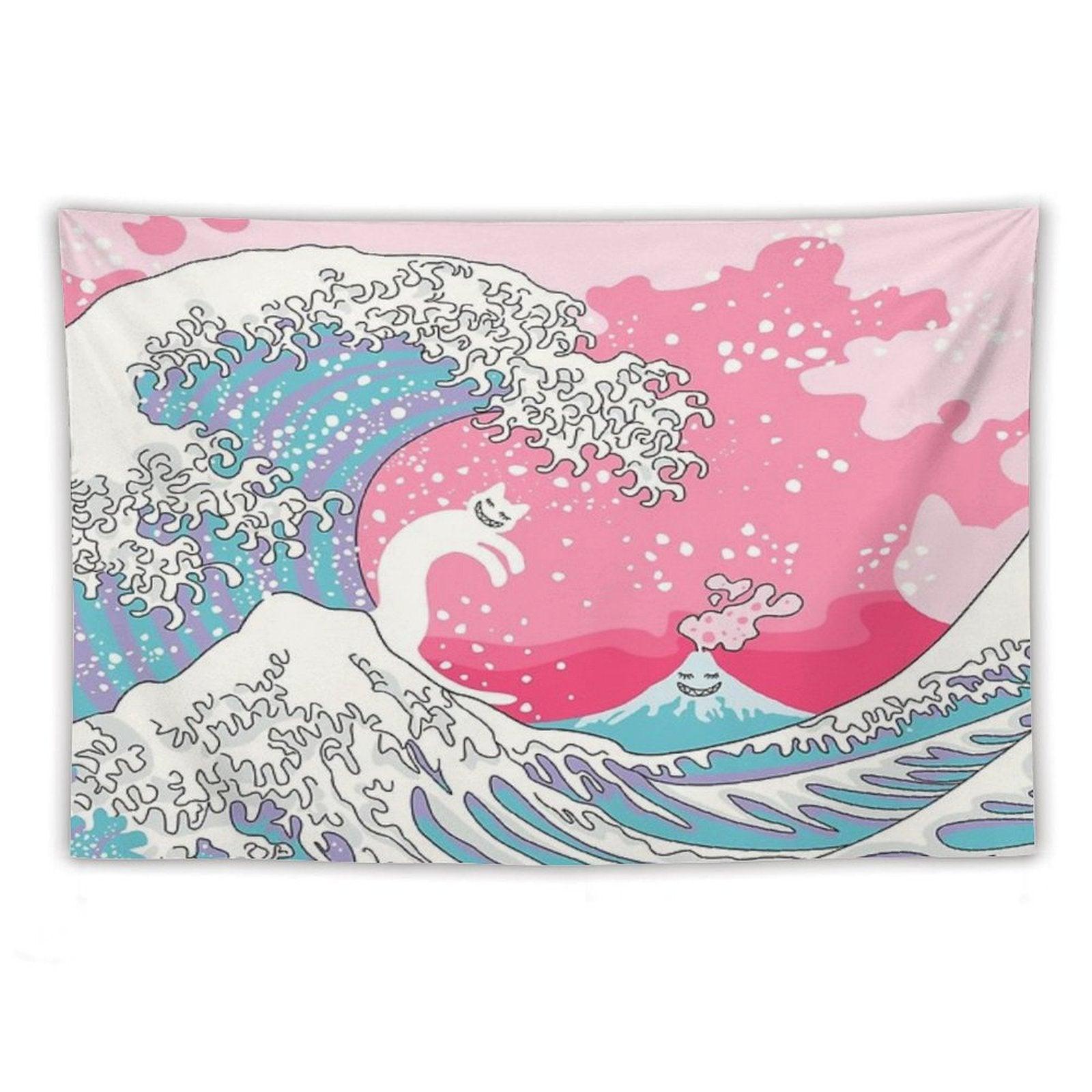Psychodelic Bubblegum Kunagawa Surfer Cat Tapestry