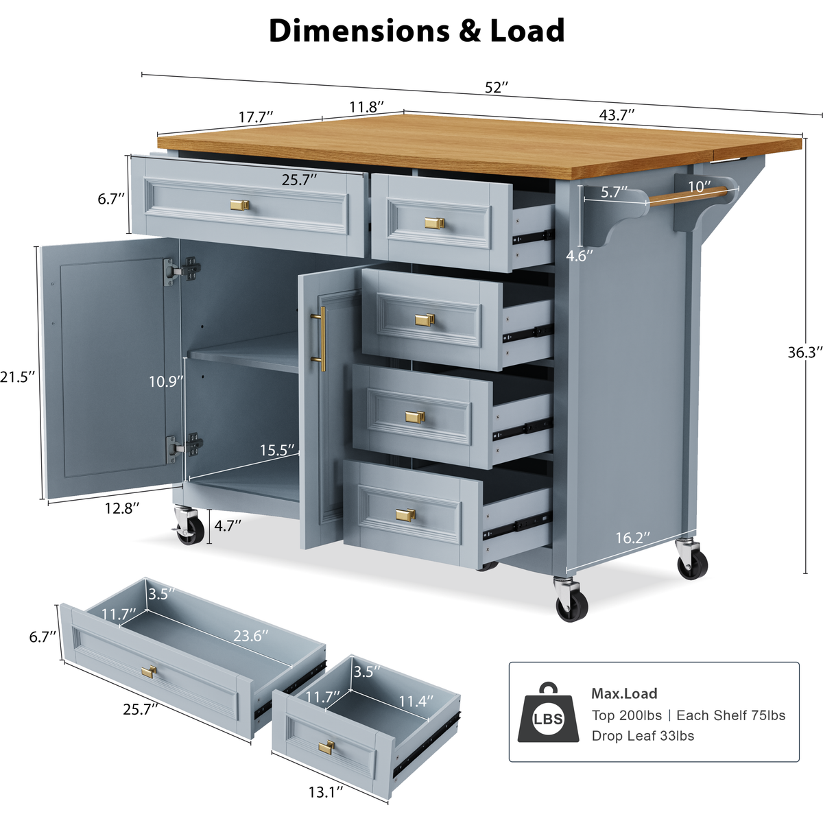 K&K 52'' Kitchen Island with Drop Leaf, Embossed Texture Kitchen Island on Wheels with Spice Rack, Towel Rack, 2 Doors and 5 Drawers, Kitchen Storage Cart with Adjustable Shelf for Kitchen, Blue Grey