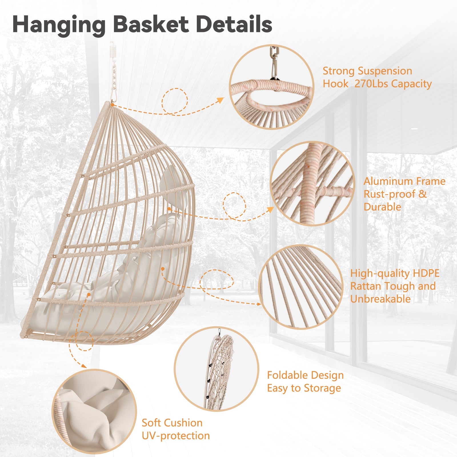 Outdoor Garden Rattan Egg Swing Hanging Chair PE Wicker Hanging Chair for Outdoor Patio