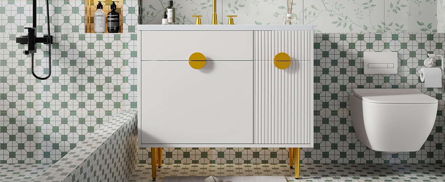 36' Bathroom Vanity with Resin Basin Sink, Modern Bathroom Sink Cabinet, Storage Cabinet with Soft-Closing Door and Drop-Down Door