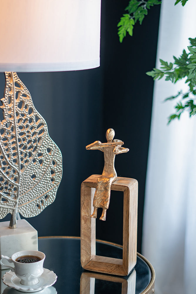 Musician Figure Sculpture with Mango Wood Base Decorative Tabletop Accent