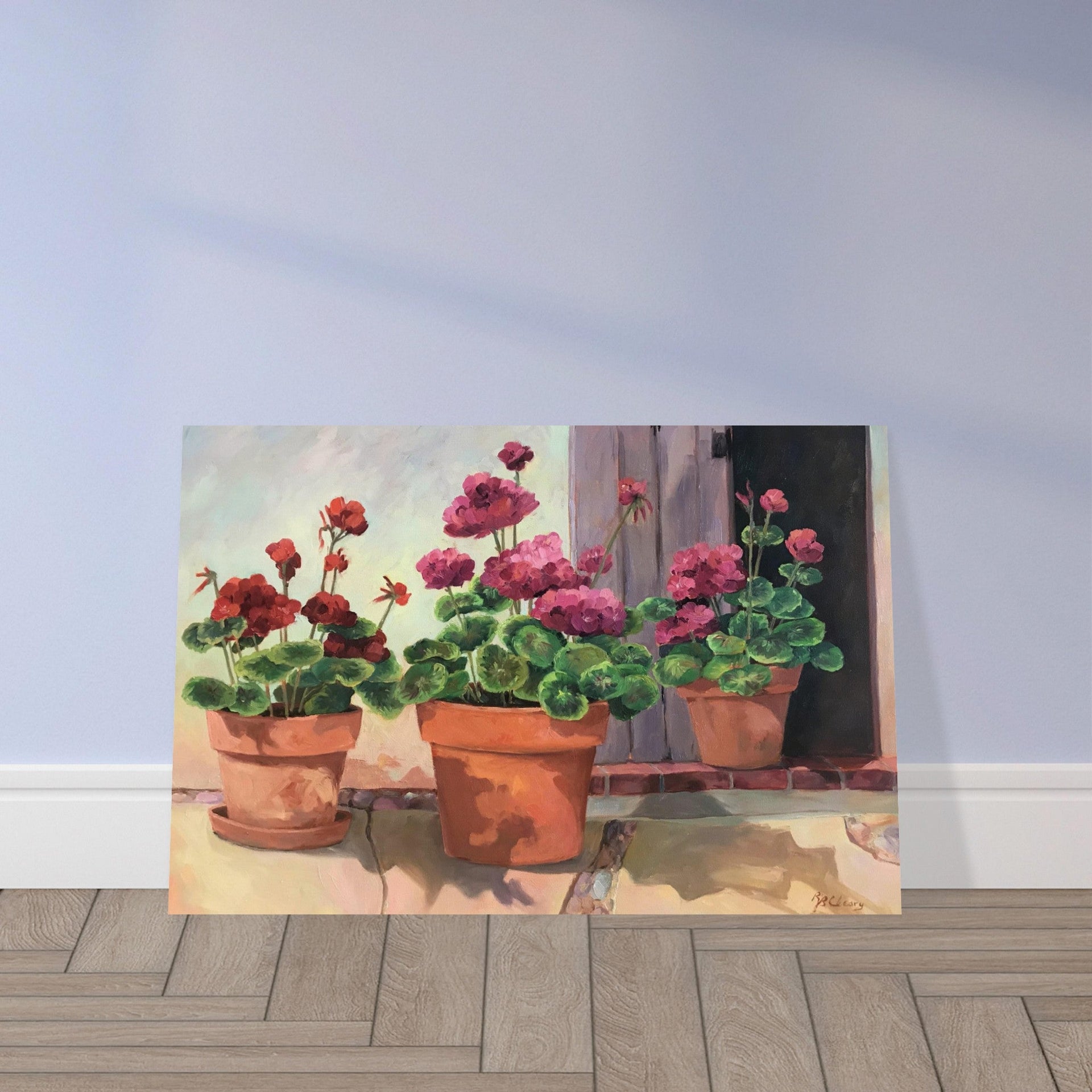 'Potted Red Geraniums Series 2' Floral I 16x24 Museum-Quality Matte Paper Poster I Original Artwork by American Artist Barbara Cleary
