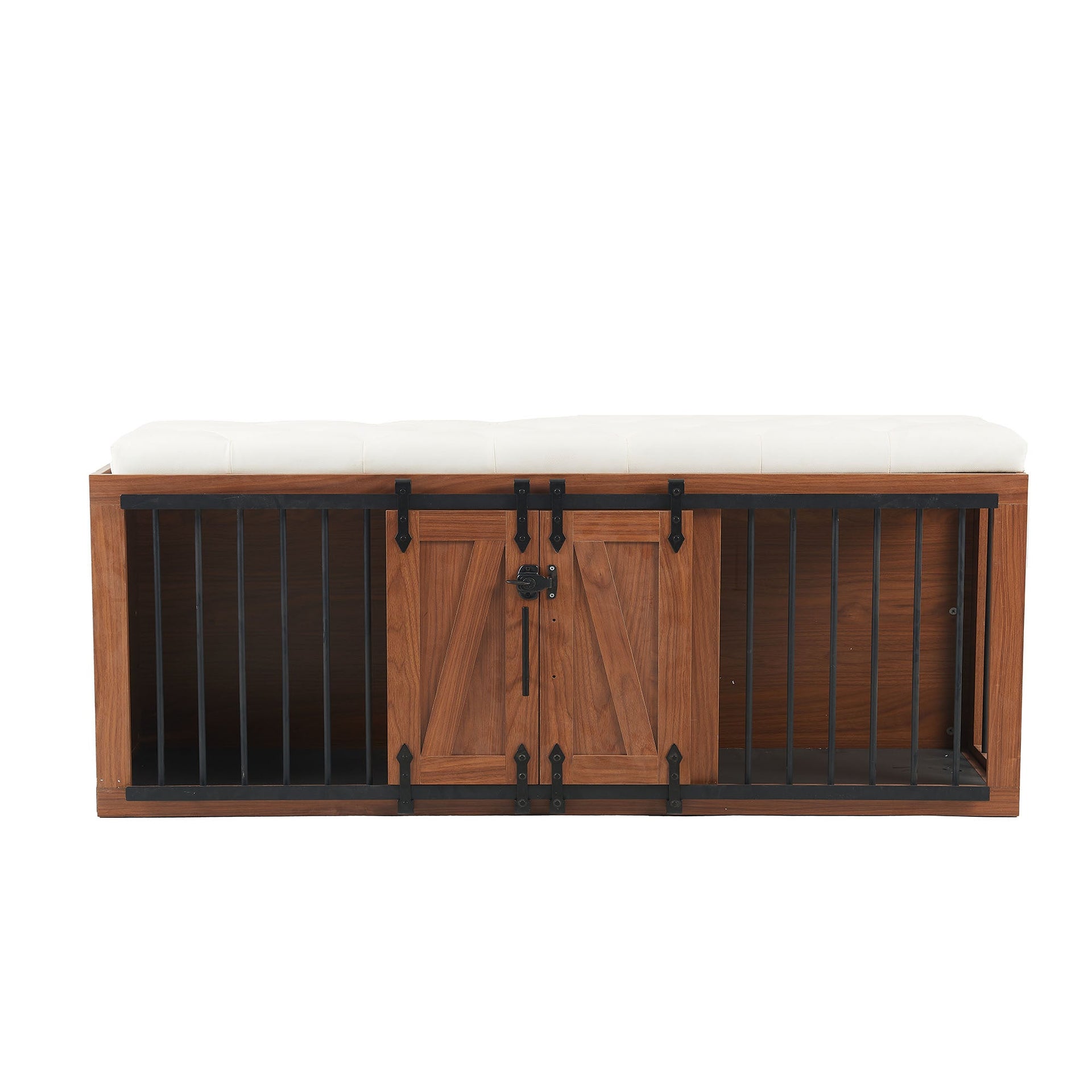 56'L, Furniture Style 2 in 1 Dog Crate with Padded Seat, Sliding Barn Door, Luxury Wooden Dog Kennel, End of Bed Bench Ottoman with Removable Cushion for Bedroom, Living Room, Walnut