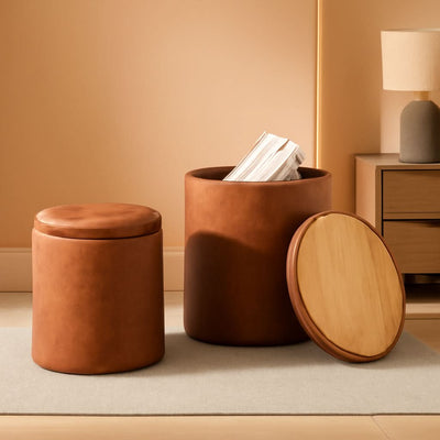 Dark Brown Faux Leather Round Storage Ottoman