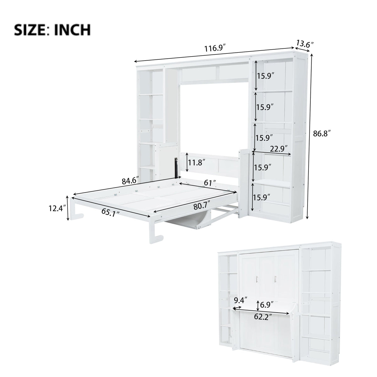 Queen Size Murphy Bed with Desk and Bookshelf