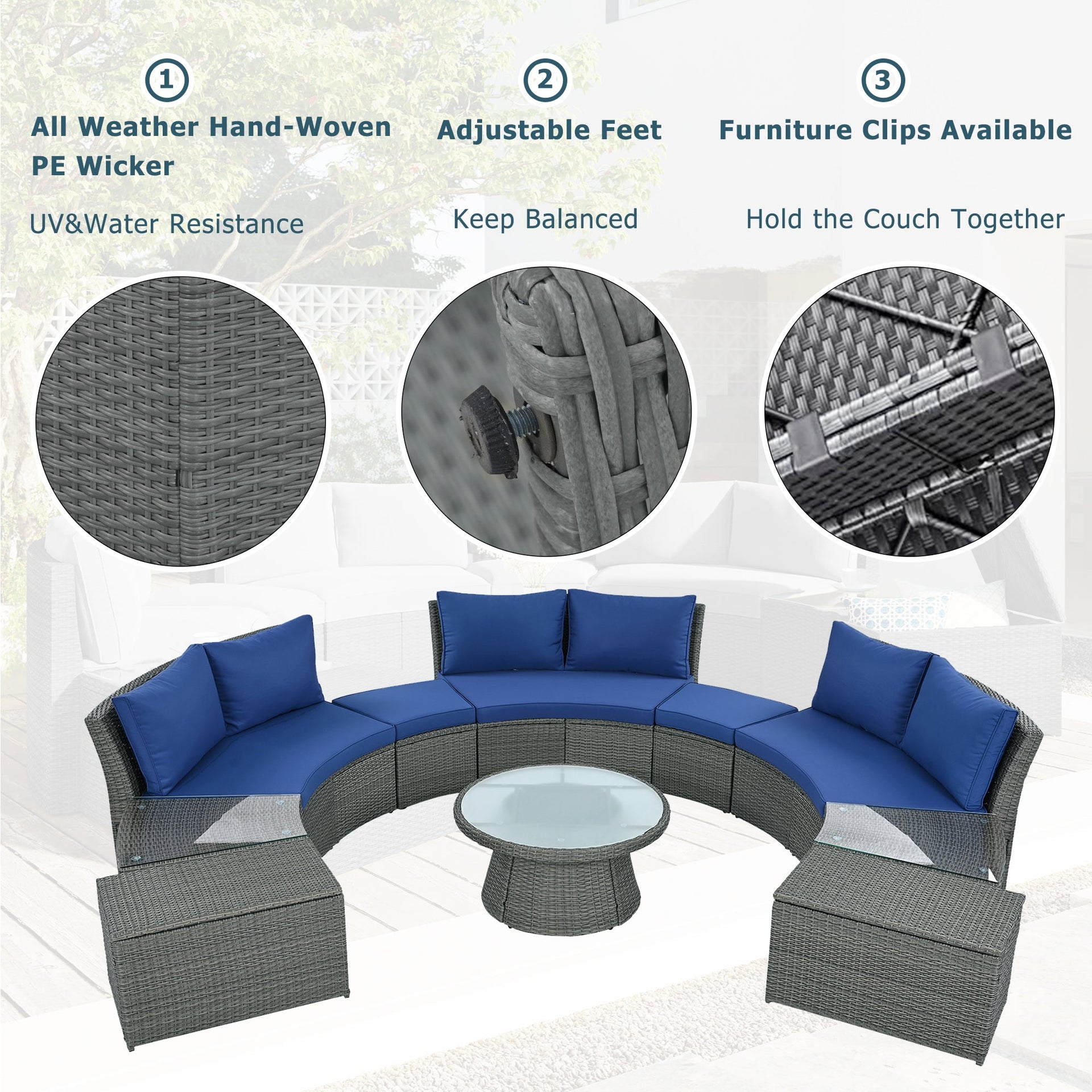 10-Piece Outdoor Sectional Half Round Patio Rattan Sofa Set, PE Wicker Conversation Furniture Set for Free Combination, Blue