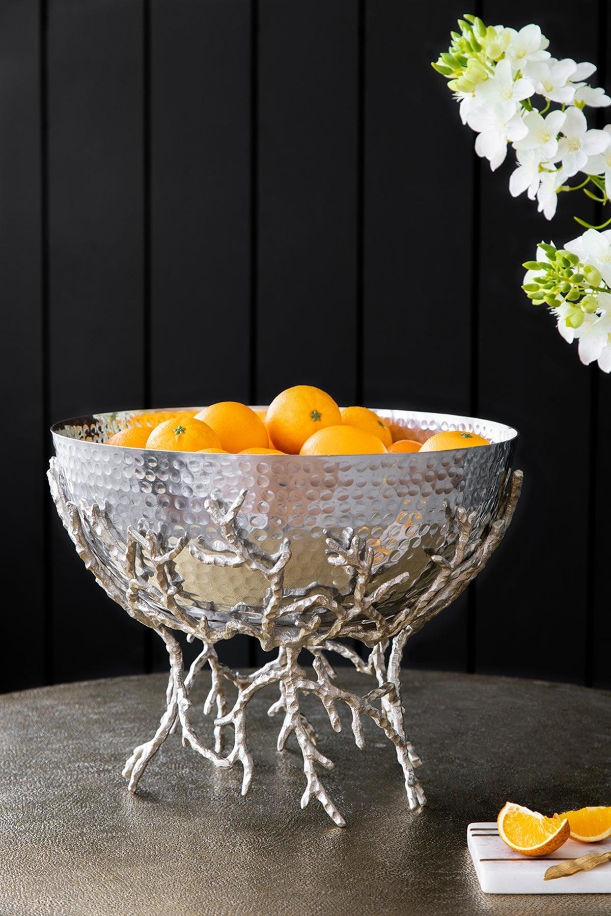Silver Aluminum Decorative Pedestal Bowl with Sculptural Branch Base – Modern Centerpiece