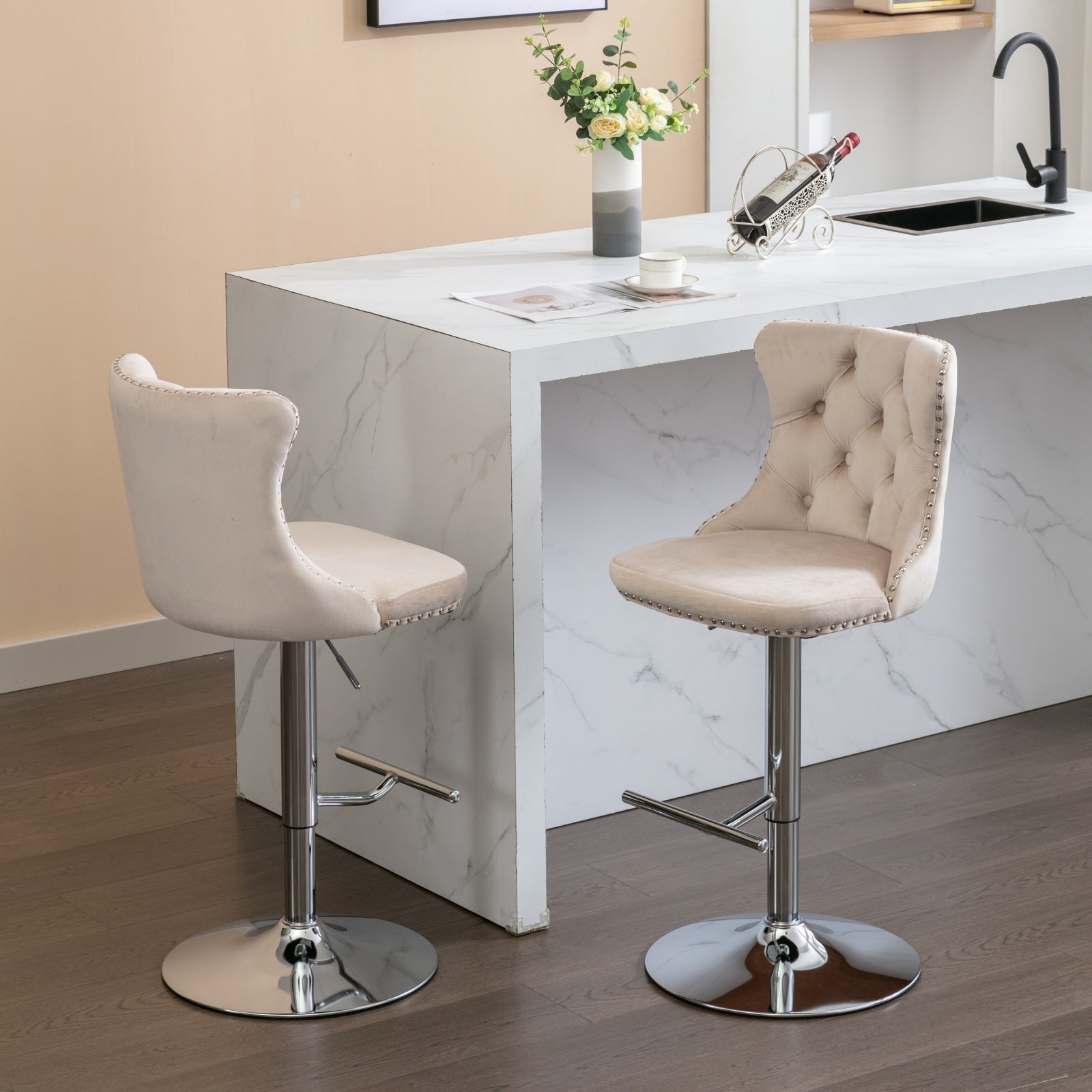Modern Velvet Swivel Barstools with Adjustable Seat Height and Chrome Base