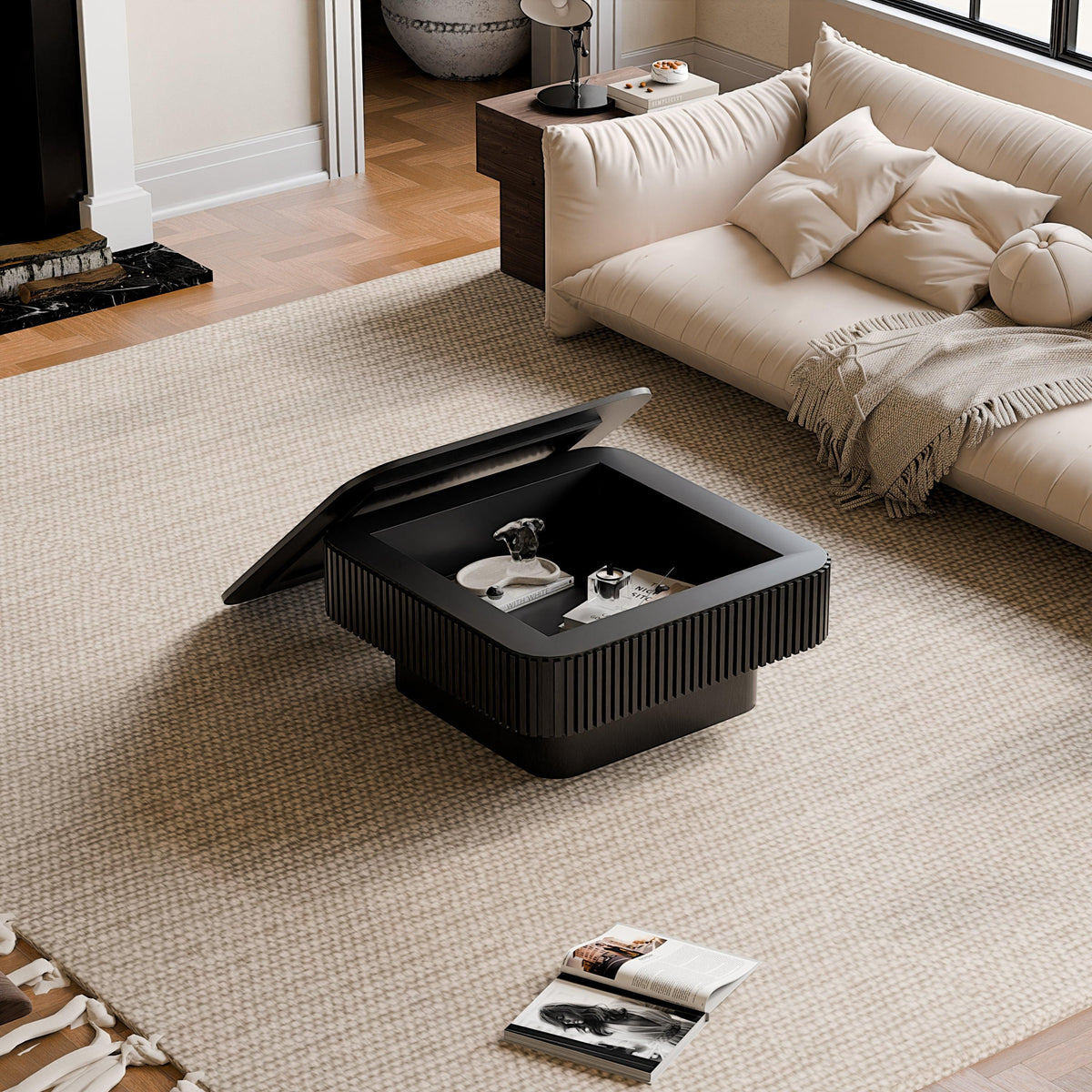 Modern Black Square Coffee Table with Hidden Storage
