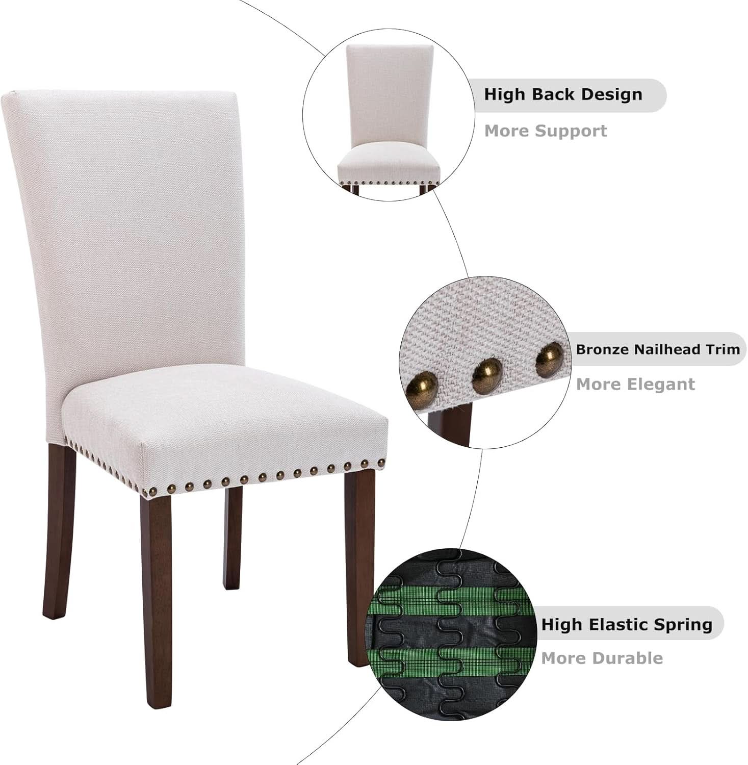 Beige Linen Upholstered High Back Counterheight Chairs