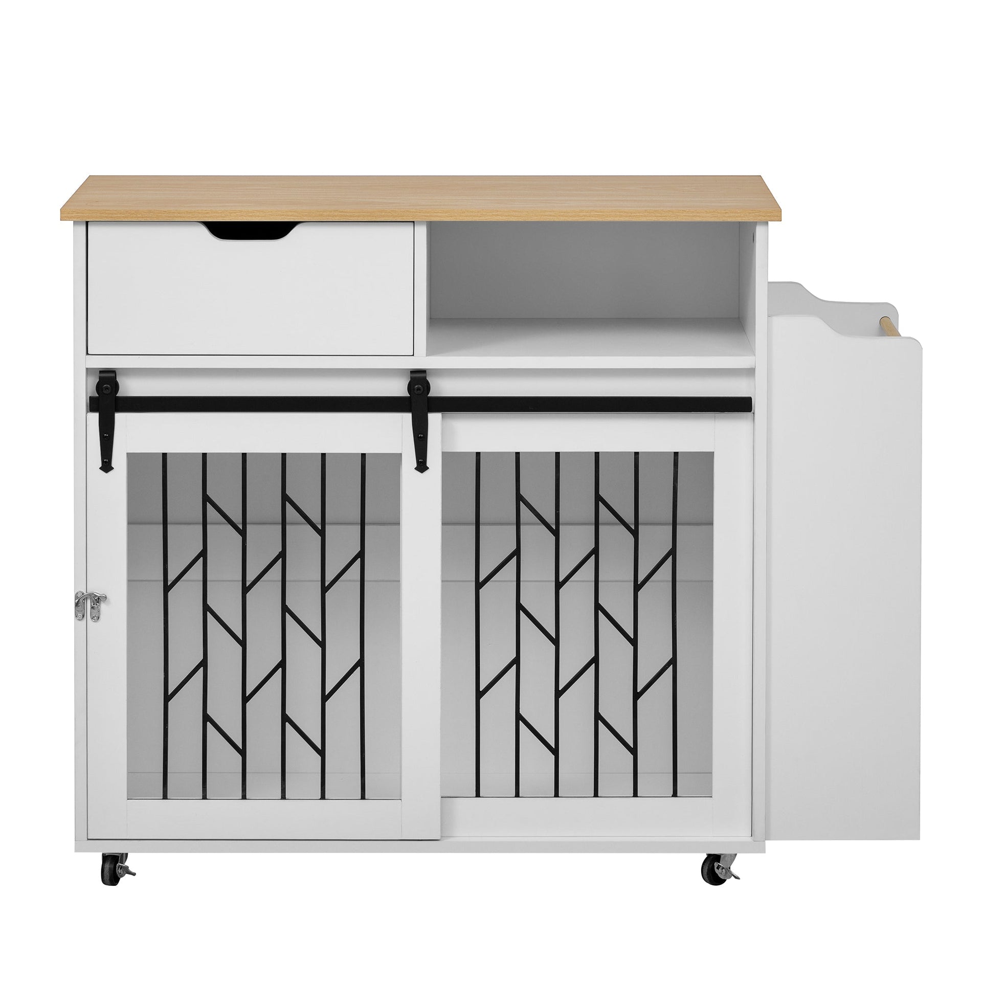 Modern Style 2-in-1 Pet Friendly Dog Crate Kitchen Island End Table Natural White MDF Metal Pine