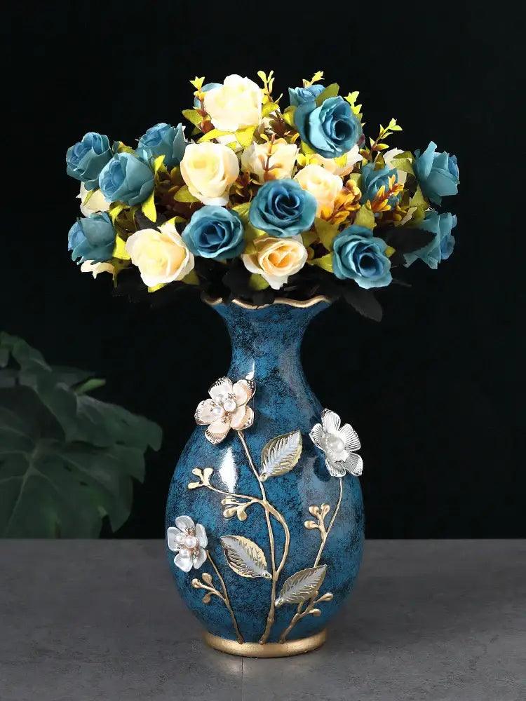 Teal Floral Ceramic Vase