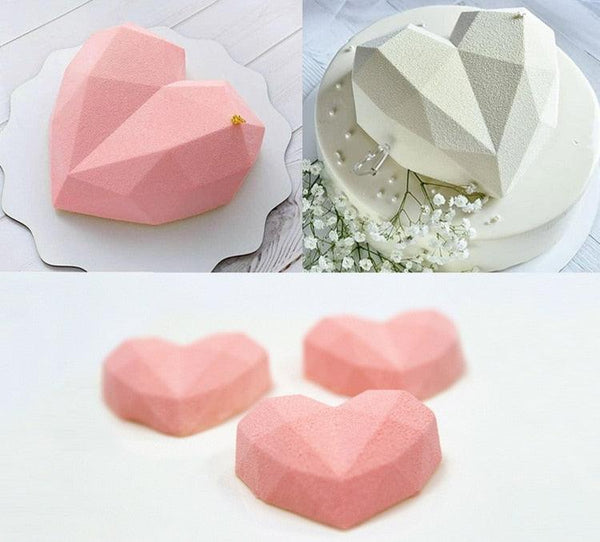 3D Diamond Love Heart Food Grade Mold Shaped Silicone With Dessert Decorating Cakes Mould For Birthday Fondant Chocolate Baking Diamond Heart Love Shape Silicone Mousse Cake Dessert Chocolate Mold