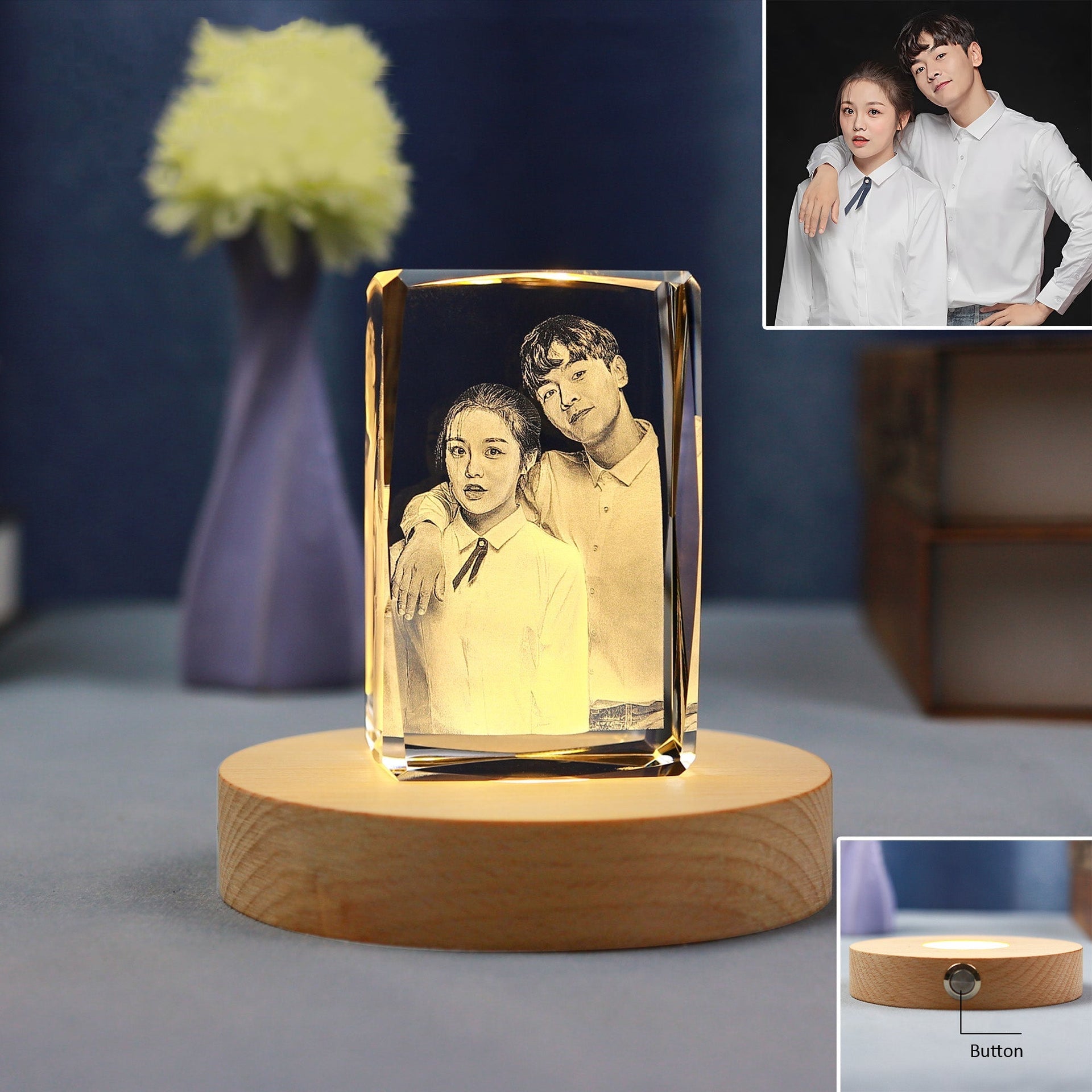 3D Photo Engrave Customized Crystal Cuboid Beech Base LED Light Desktop Ornament