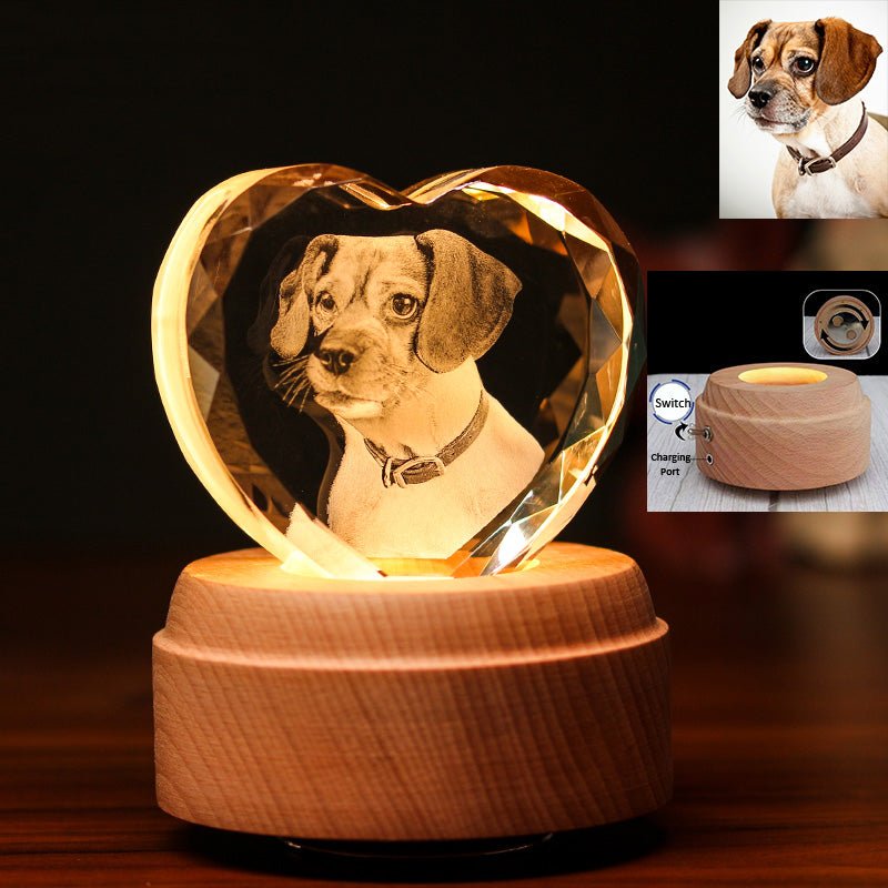 3D Photo Engrave Customized Crystal Heart Rotating Music Beech Base LED Light Desktop Ornament