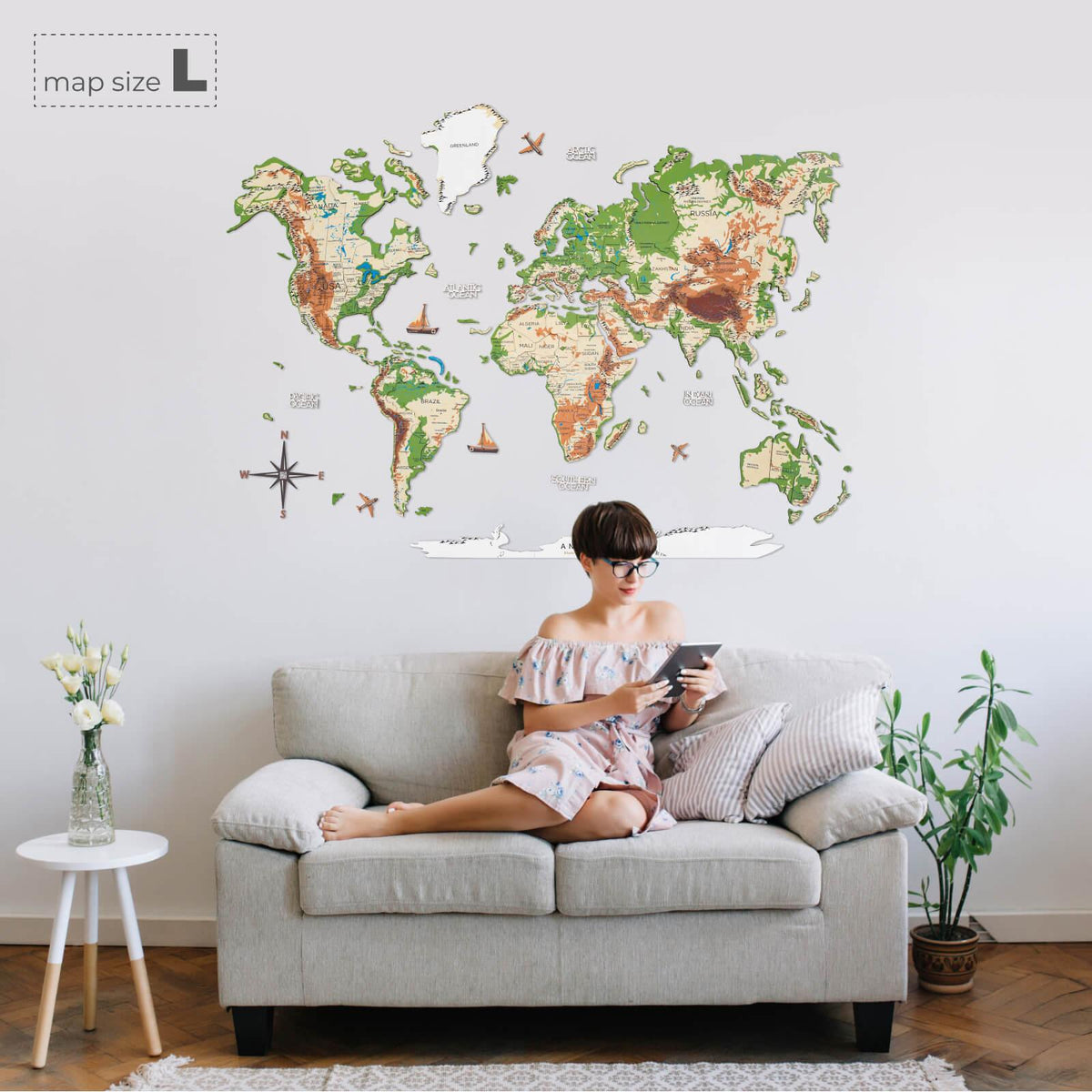 3D Luminous Colored Wooden World Map Physical