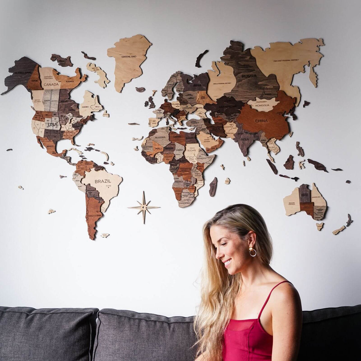 Wall Decor Bundle: 3D Wooden World Map with Flag Pins