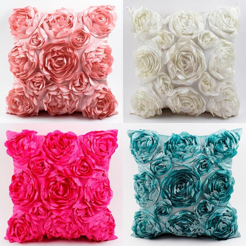 3D Roses Style Embroidered Polyester Cushion Cover Pillowcase Wedding Home Decorative Roses Floral Print Cushion Covers Throw Pillow Covers For Decorating Sofa Car Bedroom 42x42cm