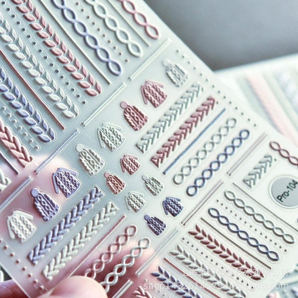 3D Sweater Nail Sticker Acrylic Engraved Winter Nails Design Tip Wraps Decals Slider Decoration Nails Decal Nail Art 3D Acrylic Engraved Nail Sticker Nail Art Decoration Self-Adhesive Nail Art Decoration French Black and White Lace Retro Flower