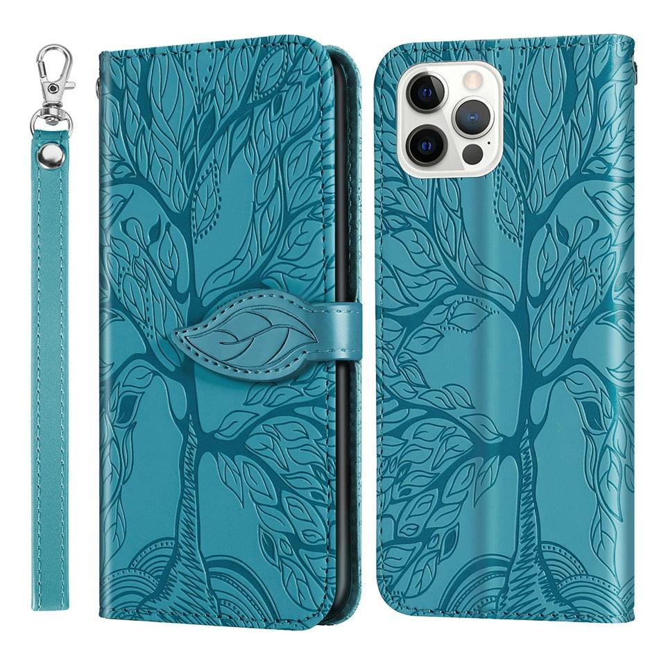 3D Tree Flip Leather Case For iPhone 13 12 Mini Phone Cover PU Leather Wallet Case with Card Holder Kickstand Wrist Strap Flip Cover for iPhone