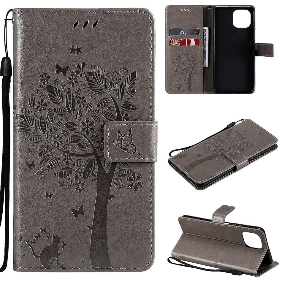 3D Tree Flip Leather Case For iPhone 13 12 Mini Phone Cover PU Leather Wallet Case with Card Holder Kickstand Wrist Strap Flip Cover for iPhone