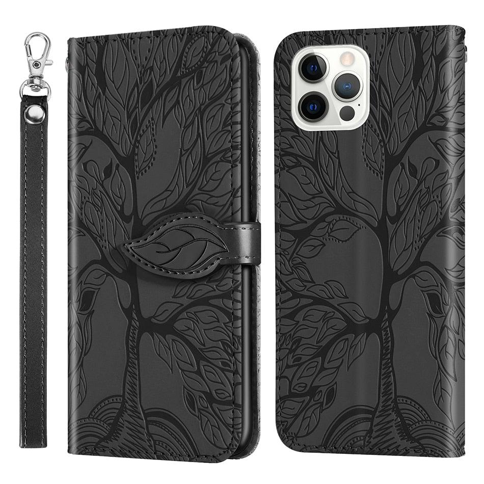 3D Tree Flip Leather Case For iPhone 13 12 Mini Phone Cover PU Leather Wallet Case with Card Holder Kickstand Wrist Strap Flip Cover for iPhone