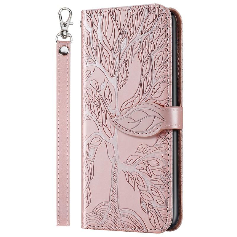 3D Tree Flip Leather Case For iPhone 13 12 Mini Phone Cover PU Leather Wallet Case with Card Holder Kickstand Wrist Strap Flip Cover for iPhone