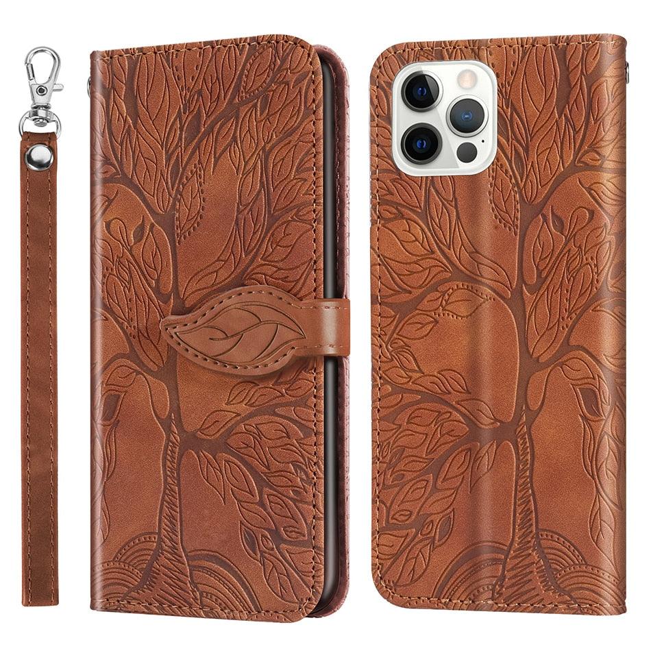 3D Tree Flip Leather Case For iPhone 13 12 Mini Phone Cover PU Leather Wallet Case with Card Holder Kickstand Wrist Strap Flip Cover for iPhone
