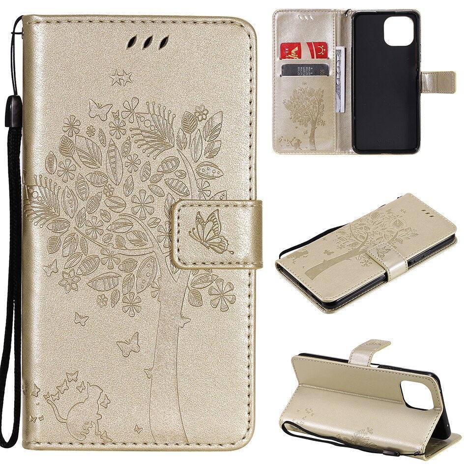 3D Tree Flip Leather Case For iPhone 13 12 Mini Phone Cover PU Leather Wallet Case with Card Holder Kickstand Wrist Strap Flip Cover for iPhone