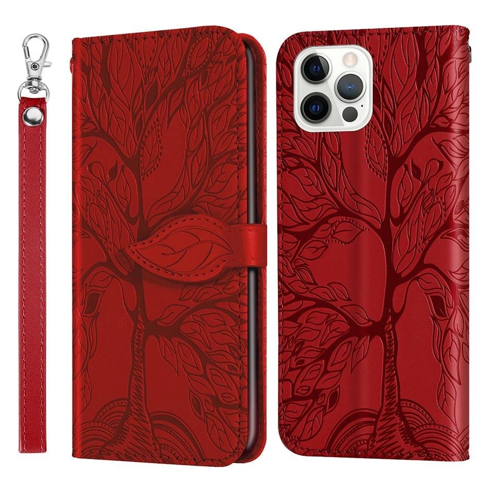 3D Tree Flip Leather Case For iPhone 13 12 Mini Phone Cover PU Leather Wallet Case with Card Holder Kickstand Wrist Strap Flip Cover for iPhone