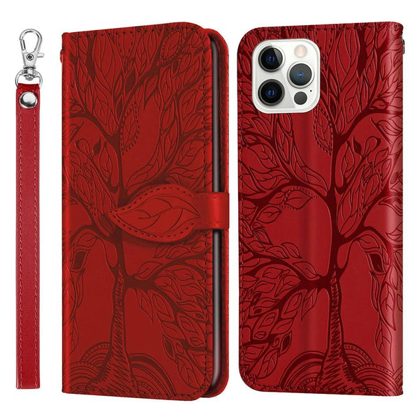 3D Tree Flip Leather Case For iPhone 13 12 Mini Phone Cover PU Leather Wallet Case with Card Holder Kickstand Wrist Strap Flip Cover for iPhone
