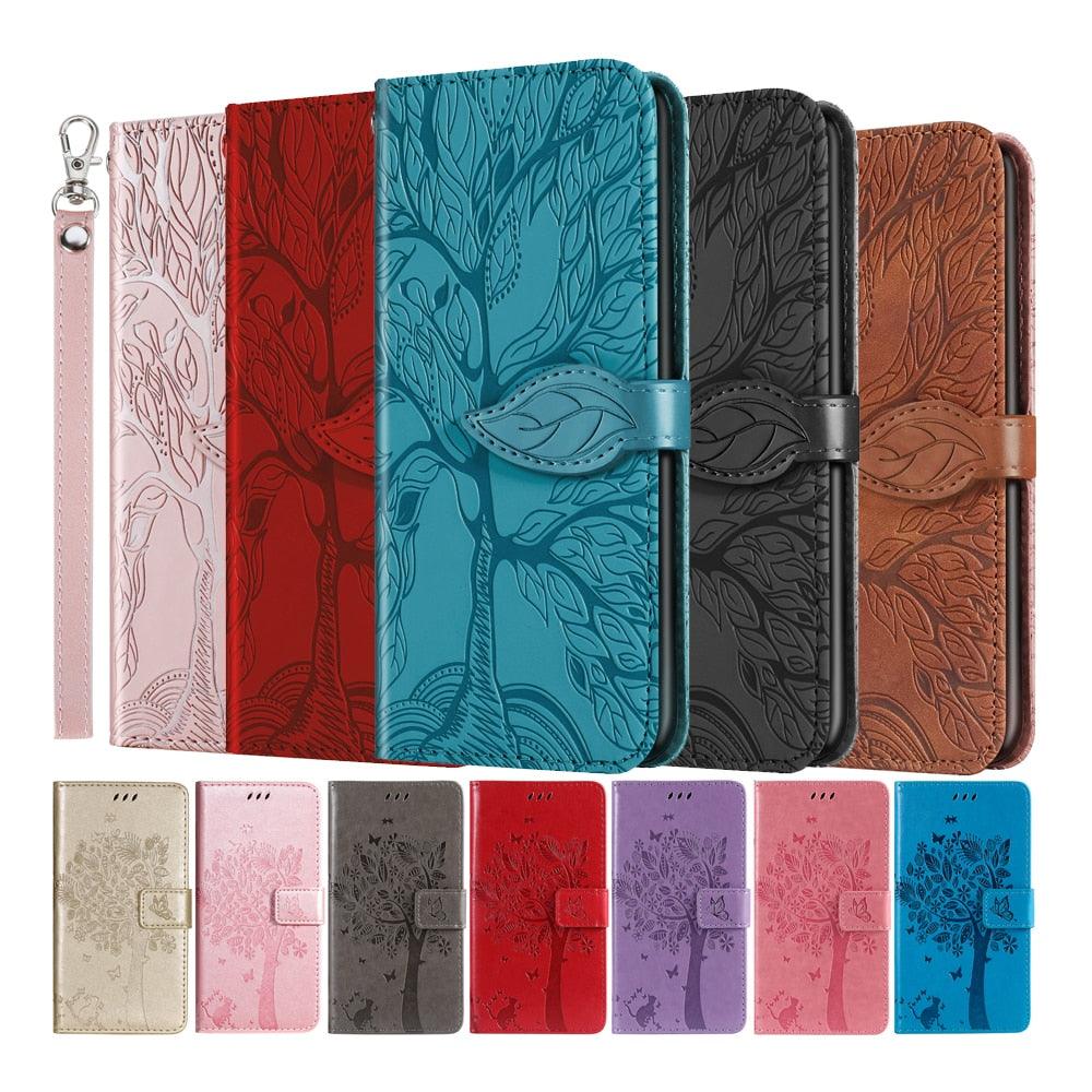 3D Tree Flip Leather Case For iPhone 13 12 Mini Phone Cover PU Leather Wallet Case with Card Holder Kickstand Wrist Strap Flip Cover for iPhone