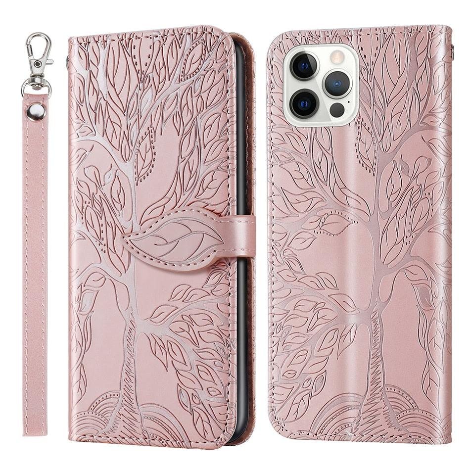 3D Tree Flip Leather Case For iPhone 13 12 Mini Phone Cover PU Leather Wallet Case with Card Holder Kickstand Wrist Strap Flip Cover for iPhone