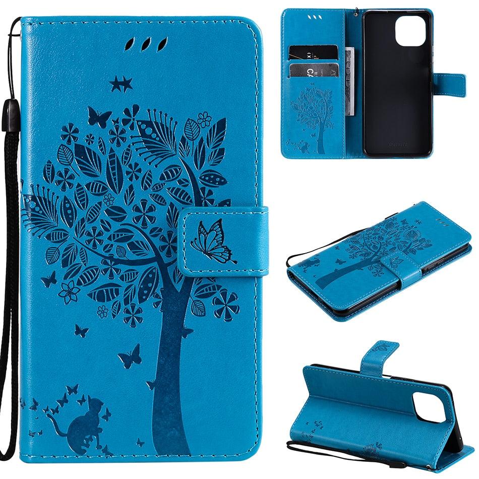 3D Tree Flip Leather Case For iPhone 13 12 Mini Phone Cover PU Leather Wallet Case with Card Holder Kickstand Wrist Strap Flip Cover for iPhone