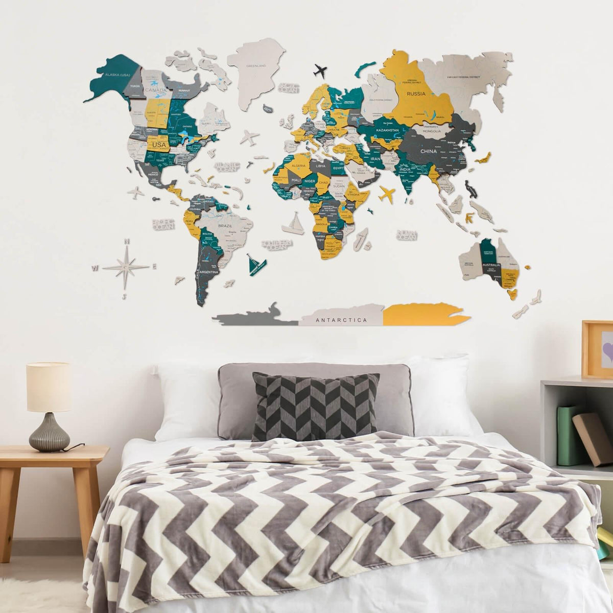 3D Wooden World Map Country