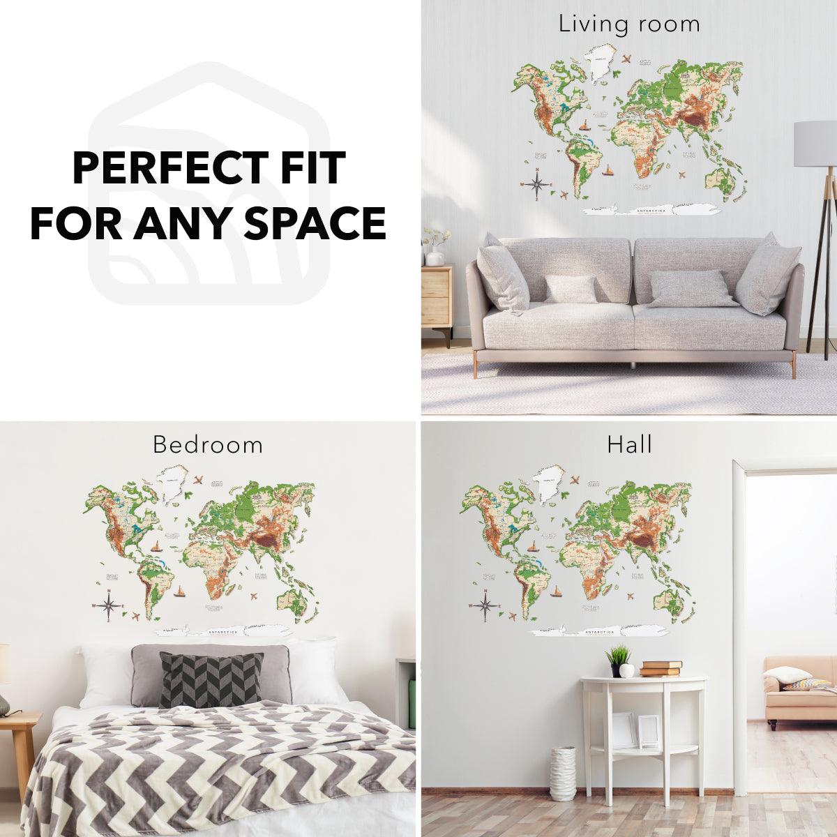 3D Wooden World Map Physical