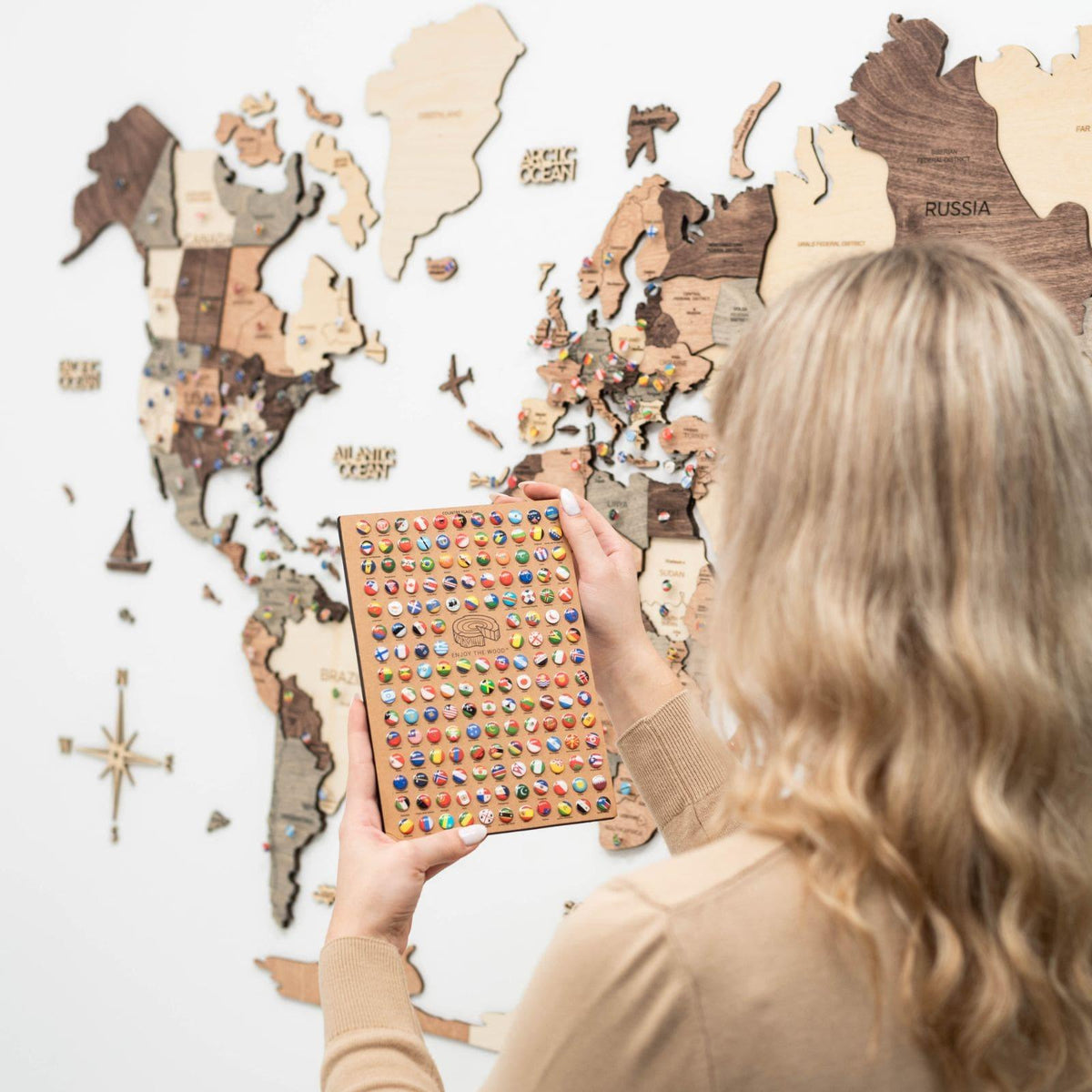 3D Wooden World Map Smokey