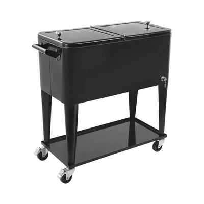 80 Quart Rolling Ice Chest, Holds Up To 50 Bottles / 110 Cans, Portable Patio Party Bar Drink Cooler Cart With Bottom Shelf, Beverage Pool With Side Basket And Bottle Opener, Black