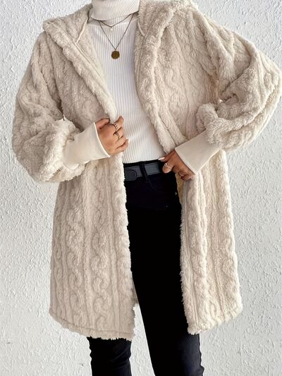 Beige Long Winter Open Front Long Sleeve Fuzzy Hooded Jacket Cozy & Stylish Outerwear