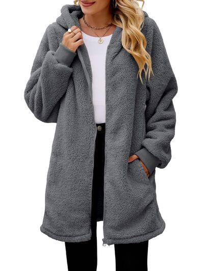 Comfortable Fuzzy Pocketed Zip-Up Long Sleeve Hooded Jacket Cozy & Warm Soft Outerwear For Winter