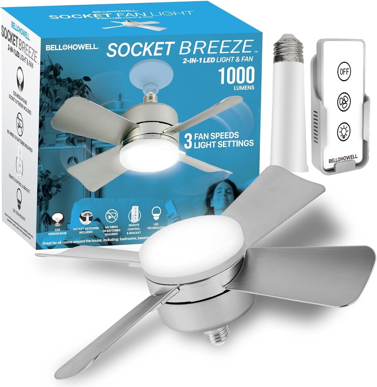 Bell+Howell Socket Breeze Modern Ceiling Fans with LED Lights, 10