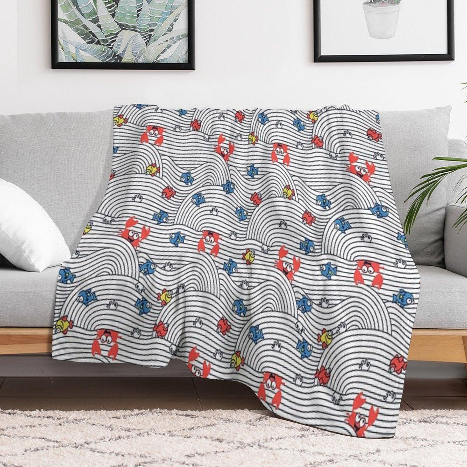 Grafic Waves from Stripes with Fish And Crabs. Sea Seamless Pattern. Throw Blanket