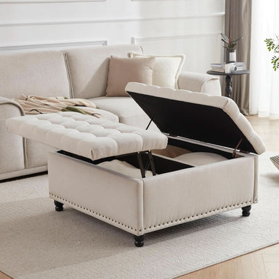 Beige Oversized Storage Ottoman Featuring Lift Top