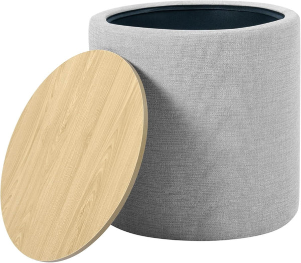 Storage Ottoman 18 Inch Wood Top Gray Textured Fabric