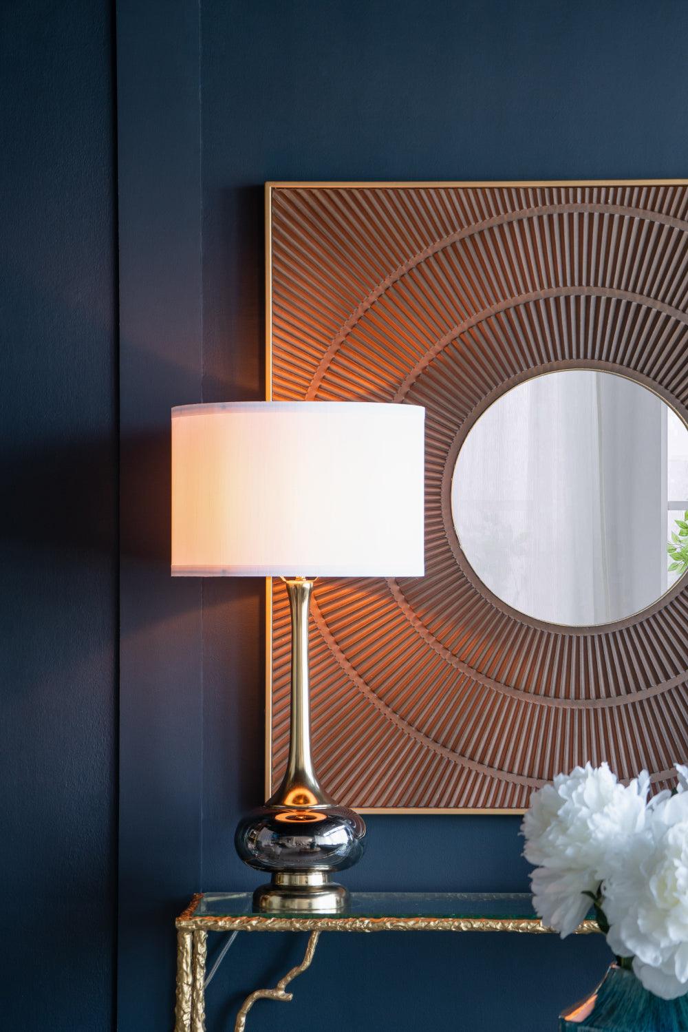 Modern Glass Table Lamp with Gold Accents & White Drum Shade