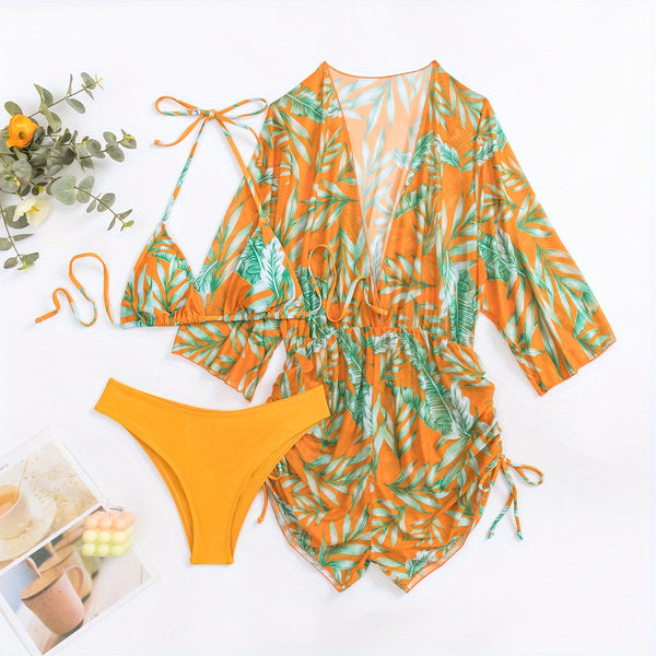 Island Bloom 3-Piece Bikini Set for Women – Tropical Leaf Print Fluttering Swimwear with Flattering Halter Neck Top High Waist Bottoms & Adjustable Drawstring Cover Up – Perfect for Koningsdag Celebrations & Summer Adventures